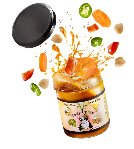 Zesty Cheezy   Tomato, vegetables and chickpea come together to pack amazing creamy, tangy flavor. Dip like queso, make nachos, or pour like a sauce on pasta, veggies, burgers and more. So-Cheezy is the first cheese dip and sauce alternative that is nut, soy, dairy, and filler free! .