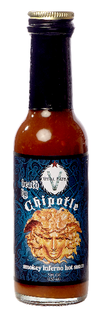 Death by Chipotle incorporates aged Chipotles with the extra kick of Ghost peppers make this hot sauce pop! High heat Level.  Rich, smoky, chocolate notes with a complex, silky heat. 