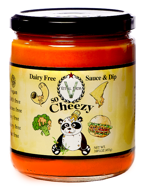 So-Cheezy   Tomato, vegetables and chickpea come together to pack amazing creamy, tangy flavor. Dip like queso, make nachos, or pour like a sauce on pasta, veggies, burgers and more. So-Cheezy is the first cheese dip and sauce alternative that is nut, soy, dairy, and filler free! .