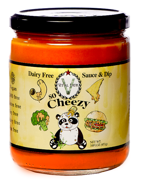 So-Cheezy   Tomato, vegetables and chickpea come together to pack amazing creamy, tangy flavor. Dip like queso, make nachos, or pour like a sauce on pasta, veggies, burgers and more. So-Cheezy is the first cheese dip and sauce alternative that is nut, soy, dairy, and filler free! .