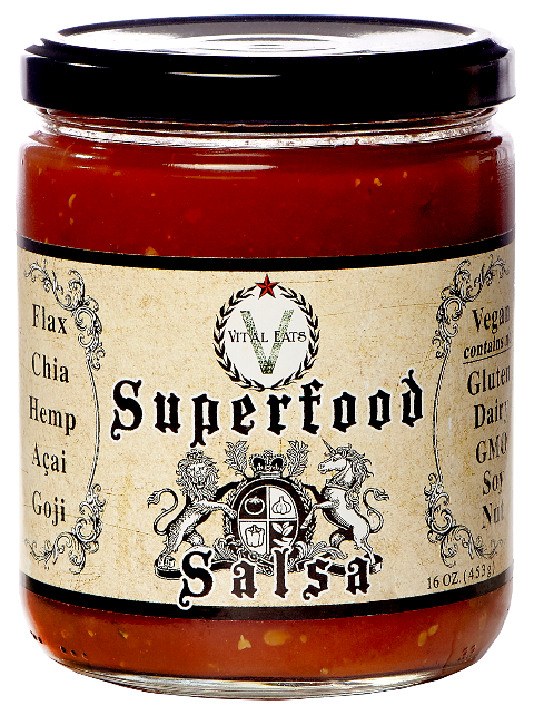 Superfood Salsa is a smoky, tangy, gourmet, classic salsa packed with Flax, Chia, Hemp seeds, Acai & Goji. 
